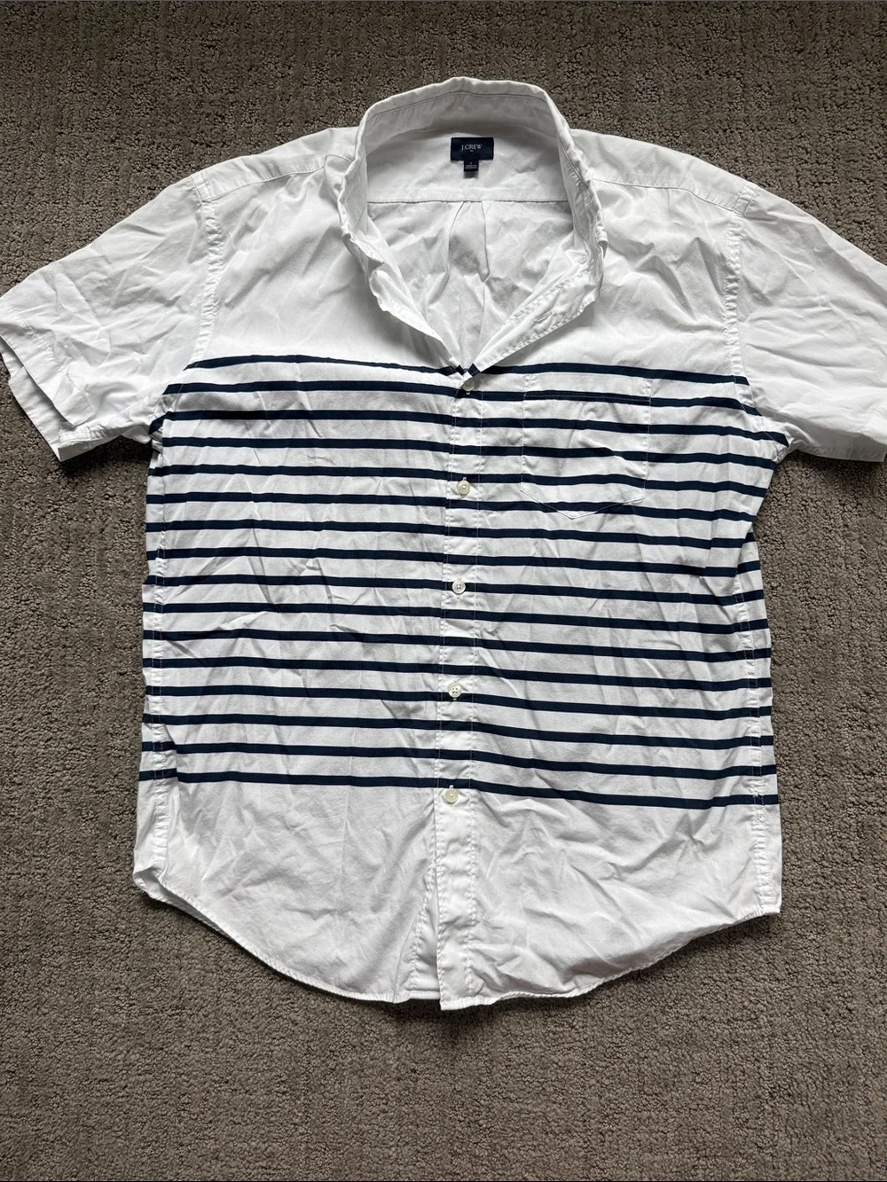 J. Crew White Short-Sleeve Button-Up Shirt with Navy Stripes